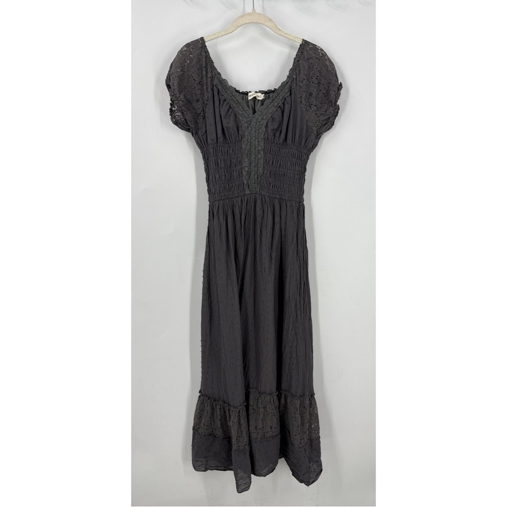 Anna-Kaci Lace Cap Sleeve Lace Trim Ruffle Hem Maxi Gray Lace-Trimmed Dress L